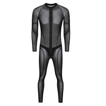 Men's Shiny PU Leather Catsuit in Black Color / Sexy Wet Look Clothing with Zipper & Open Crotch - EVE's SECRETS